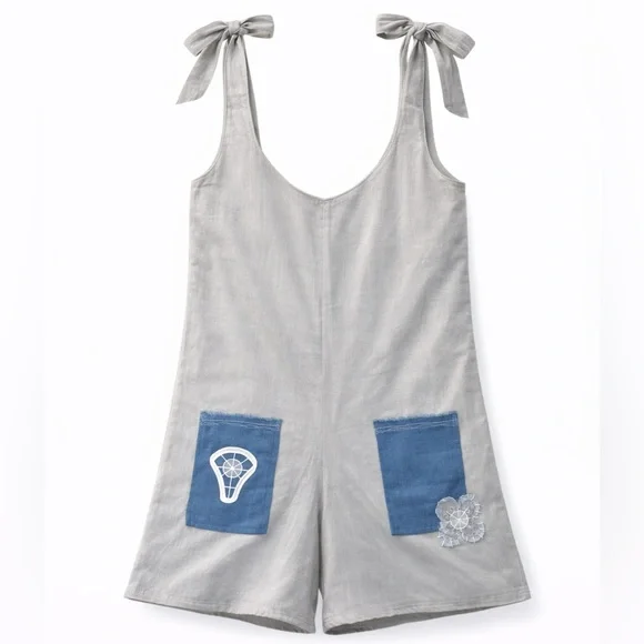 Organic Linen Cotton Romper Boho Handmade Floral Patch Lace Loose Fit S/M NWT - Picture 8 of 11